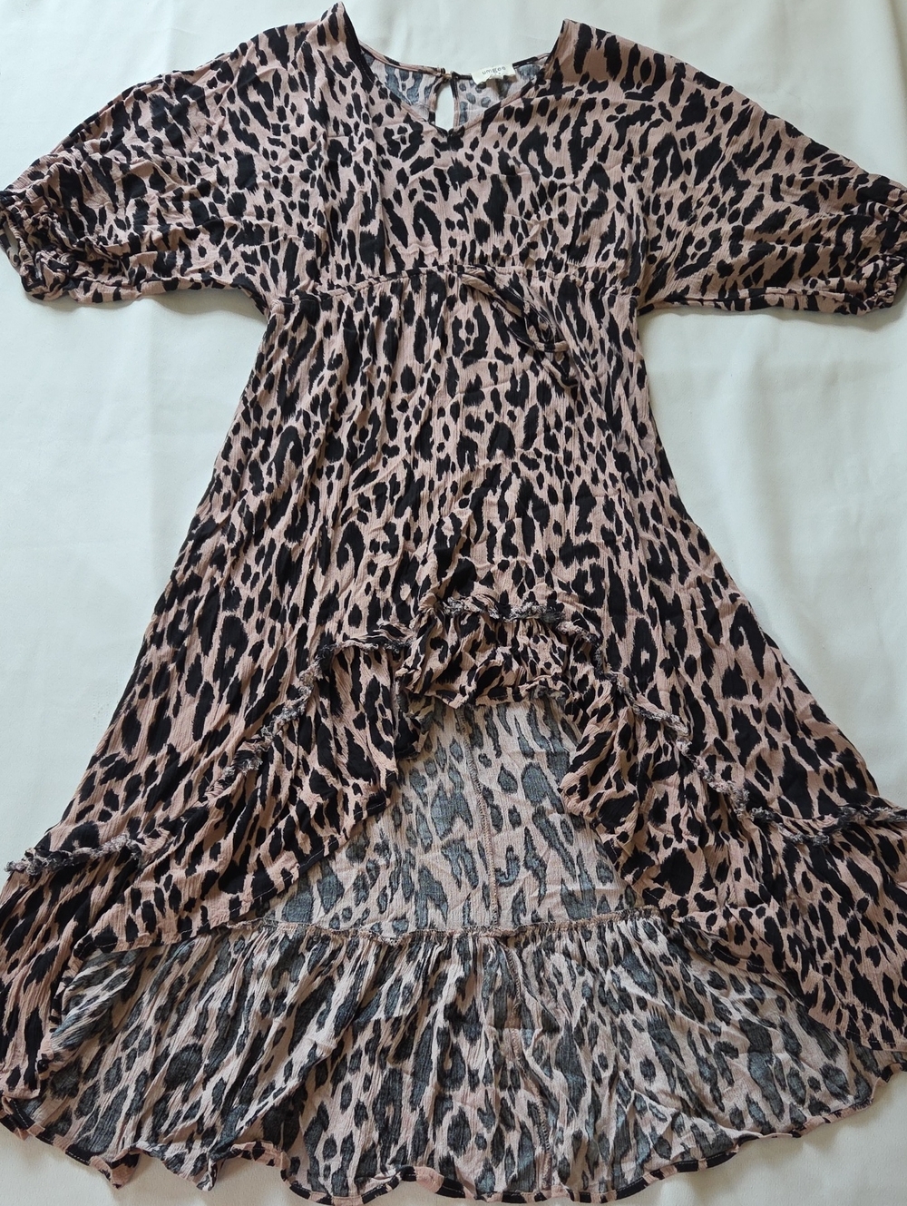 Umgee USA Tan Black Leopard Animal Print High Low Flowy Rayon Dress Size L